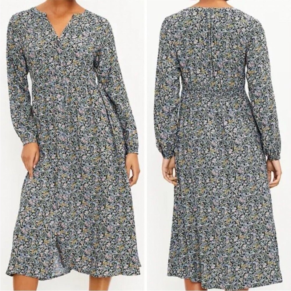 LOFT Shirtdress Size 12P Blue Garden Floral Ditsy Print Elastic Waist Buttons